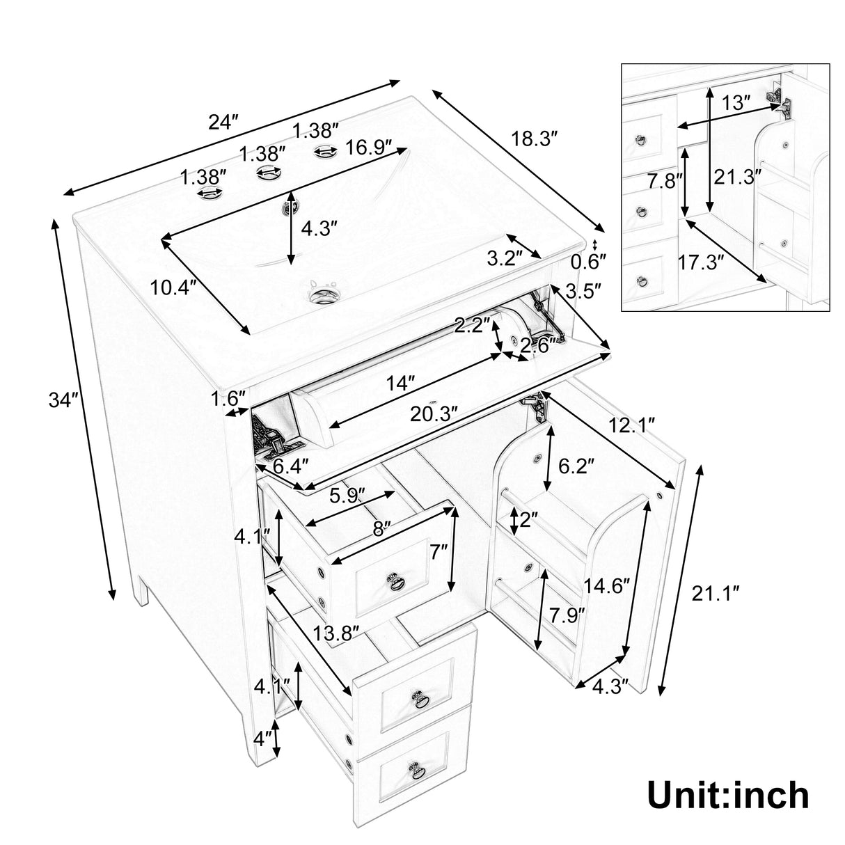 24" Modern Bathroom Vanity with Ceramic Sink