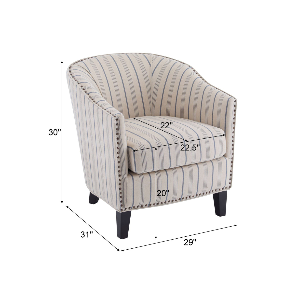 Transitional Upholstered Stripe Barrel Chair With Birch Wood Legs And Plush Cushioned Seat - Beige / Blue Stripe - Best Buy Furniture