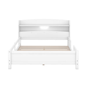Wood Platform Bed With Built In LED Light, Storage Headboard And Guardrail