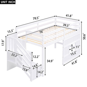 Loft Bed With Storage Staircase, Window & LED Light