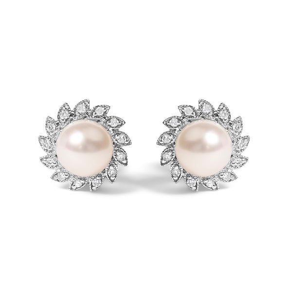 10K White Gold Heirloom-Style Pearl and Diamond Accent Halo Stud Earrings (I-J color, I1-I2 Clarity)