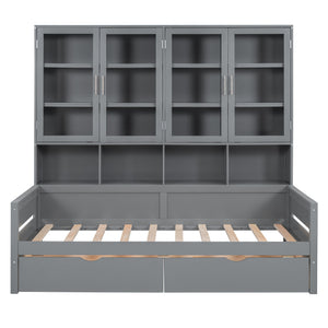 Daybed With Glass Door Storage Cabinets, Built In LED Lighting And Shelves