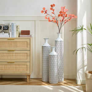 Modern Floor Vase Set Metal Vases With Geometric Pattern, 3 Piece Home Decor Set - White / Black