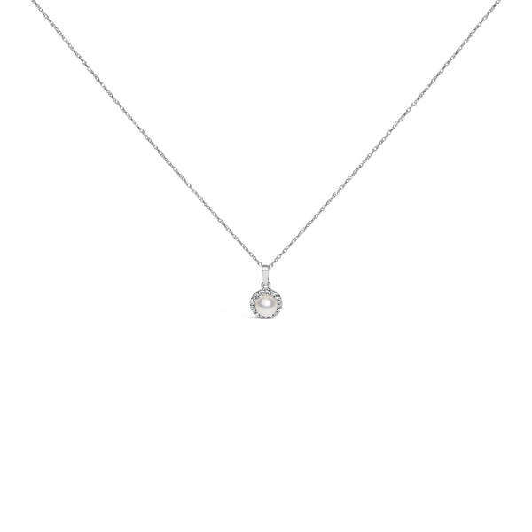 10K White Gold 5MM Cultured Pearl and Diamond Accent Halo Pendant Necklace