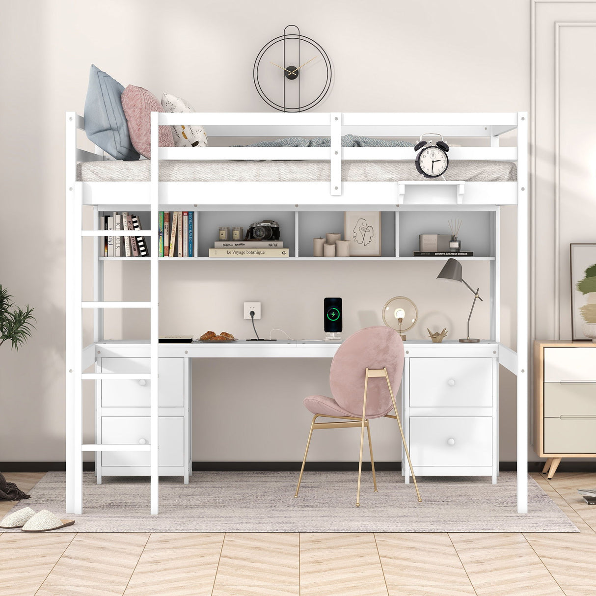 Loft Bed With Desk, Cabinets, Drawers, Charging Station And Bedside Tray