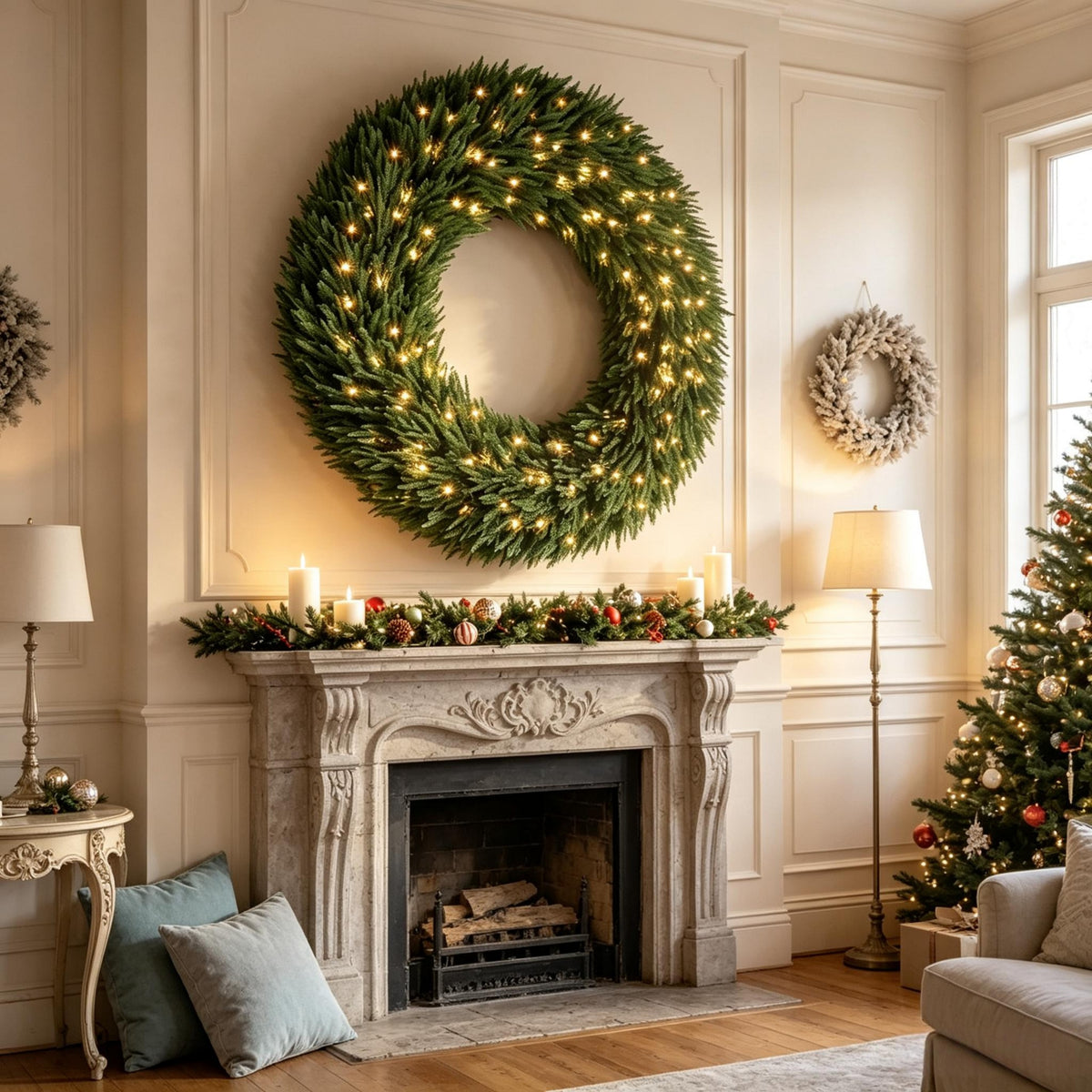 48 In Artificial Norfolk Pine Christmas Wreath, Pre-Lit