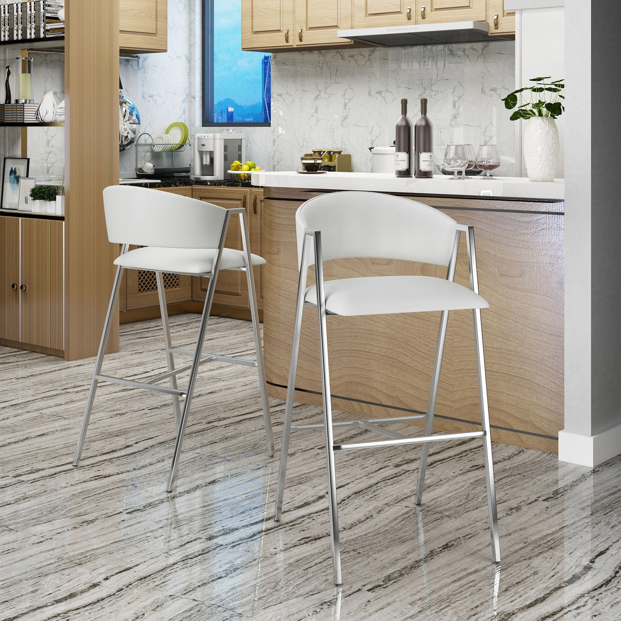 Modern Bar Stools With Low Back And Arms And Durable Metal Frame (Set of 2) - Ivory - Best Buy Furniture