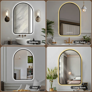 Arched LED Vanity Mirror With Time & Temperature Display, Anti-Fog, Dimmable Backlight In Frame, 3 Color Temperatures