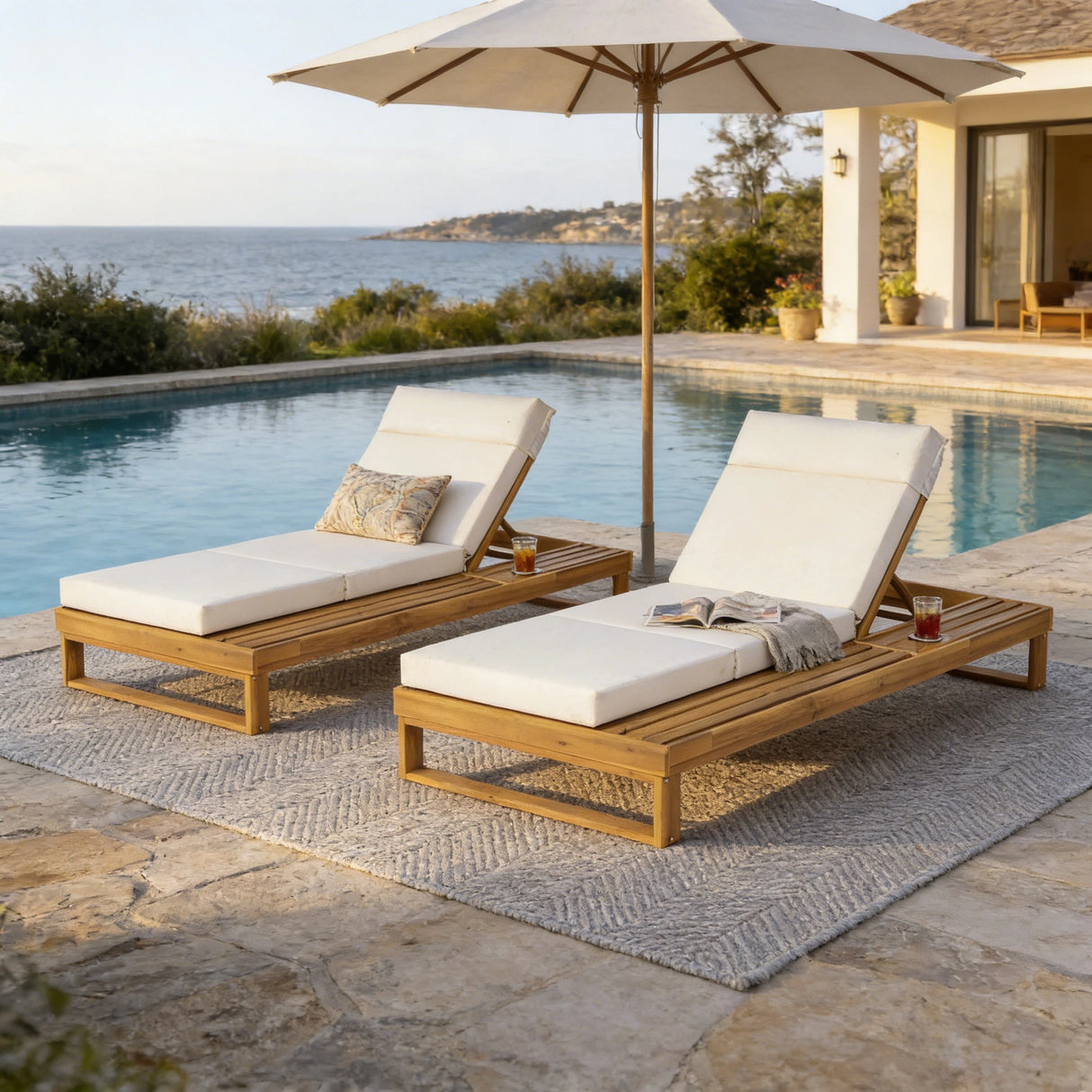 Teak Finish Acacia Wood Chaise Lounge with 4-Inch Cushion
