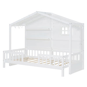 House Bed With Shelves, Window And Sparkling Light Strip On The Roof