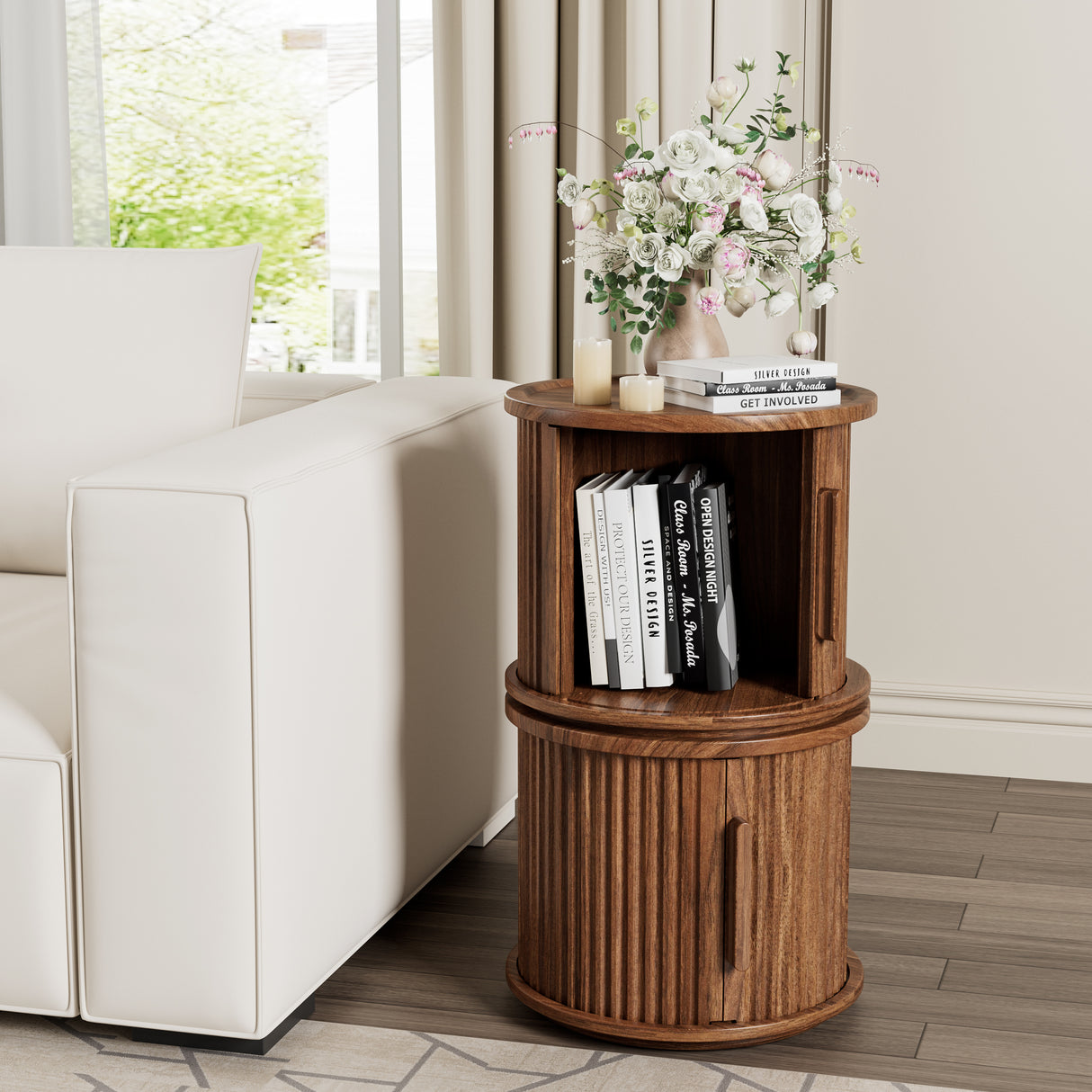 4-Piece Round Coffee Table Set with Sliding Door Storage