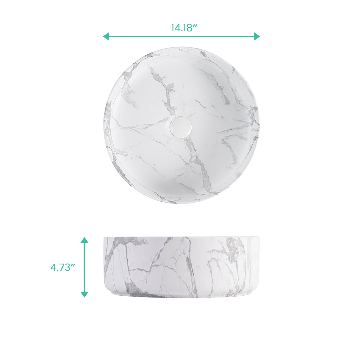 Integrated Carrara White Ceramic Basin, 14-Inch Round