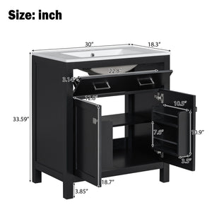Bathroom Vanity With Ceramic Sink, Modern Single Bathroom Cabinet With 2 Doors And A Shelf, Soft Close Doors