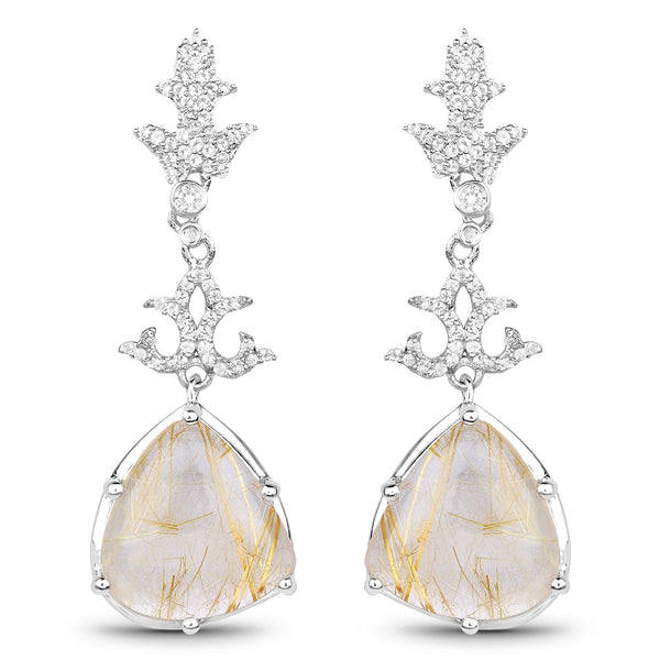 15.97 Carat Genuine Golden Rutile And White Topaz .925 Sterling Silver Earrings