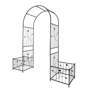 Metal Garden Arch With Two Plant Stands Wide High Climbing Plants Support Rose Arch Outdoor - Black