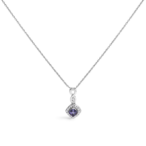 10K White Gold Blue Purple Tanzanite and Diamond Accent Cushion Drop Pendant Necklace - 18" Inches