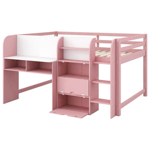 Low Loft Bed With Built In Desk, Storage Cabinets, Open Bookcase And Doodle board