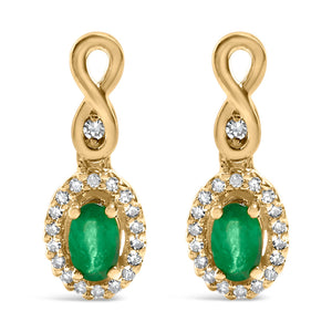 10K Yellow Gold Oval Cut Green Emerald 5x3 mm and 1/7 Cttw Round Diamond Dangle Earrings