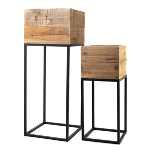 Reclaimed Wooden Planter Box Set with Metal Frame – Brown