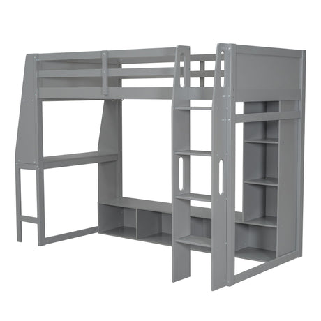 Gaming Loft Bed With Desk, Multi Storage Shelves, LED Lighting, And Hanging Clothes Rack