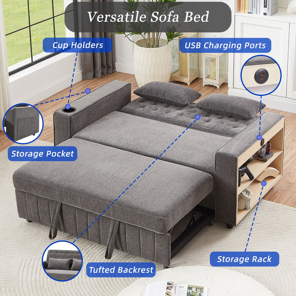 Pull-Out Sofa Bed Convertible Couch With Adjustable Backrest For Living Room