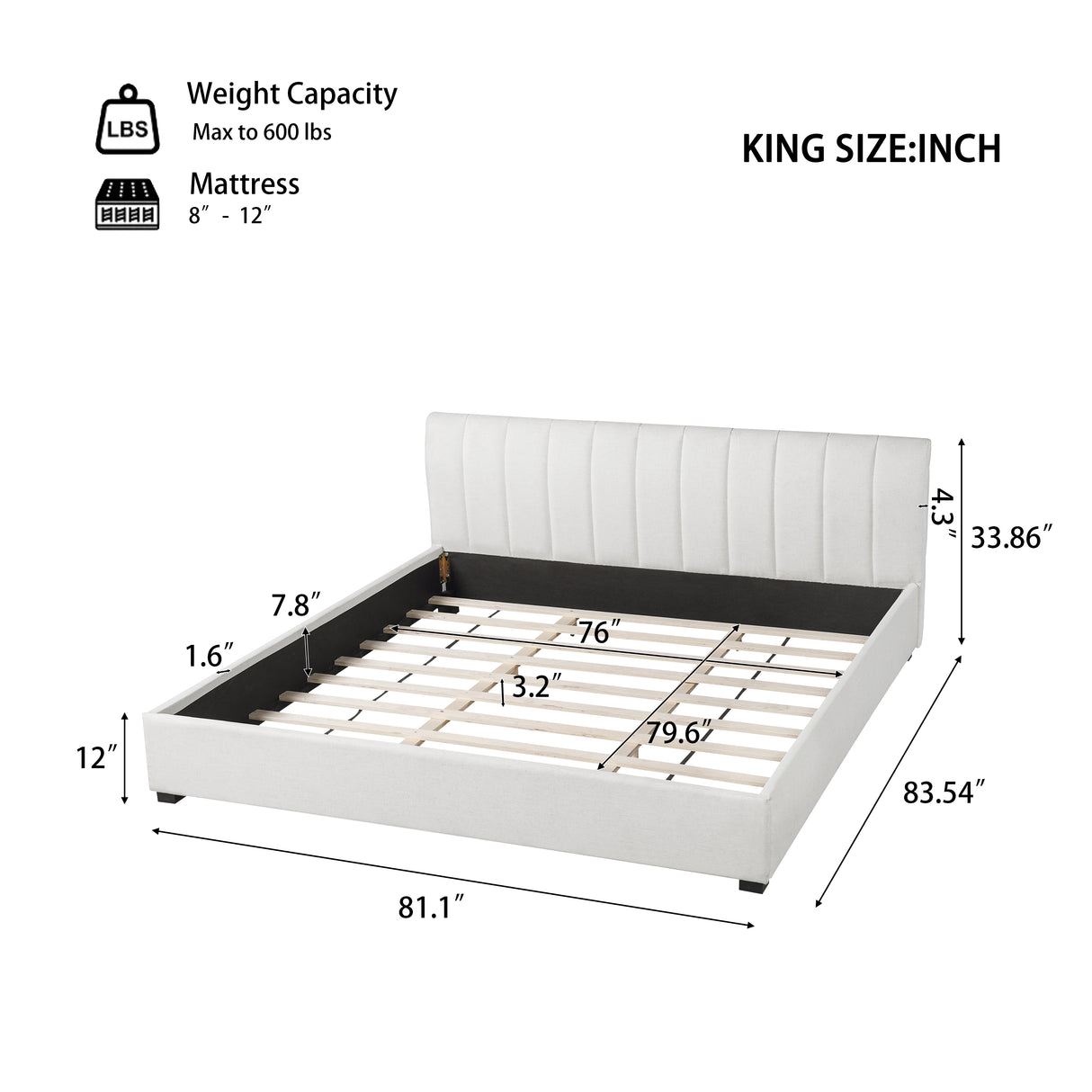 King Size Upholstered Bed Frame with Linen Blend Fabric