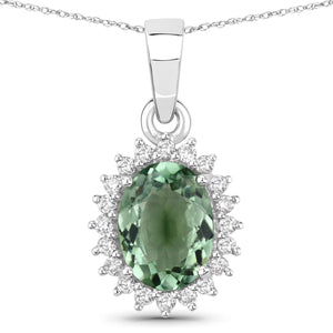 1.39 Carat Genuine Green Tourmaline and White Diamond 14K White Gold Pendant