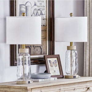 Bohemian Dimmable Table Lamp, 23.5-Inch, Clear Glass, Wood-Grain Base