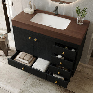 36" Freestanding Bathroom Vanity with Faux Marble Top, Ceramic Sink, 5 Drawers & Stainless Steel Legs