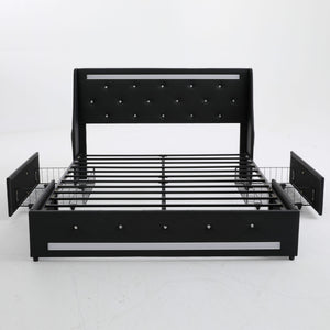 Wingback Upholstered Bed Frame With LED Lights, Charging Station