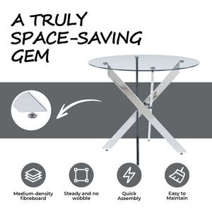 Dining Table With Cross Metal Leg And Tempered Glass, Modern Space Saving Kitchen Table For Living Room