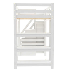Loft Bed With 4 Layer Shelves, Storage Staircase, Small Wardrobe And LED Light