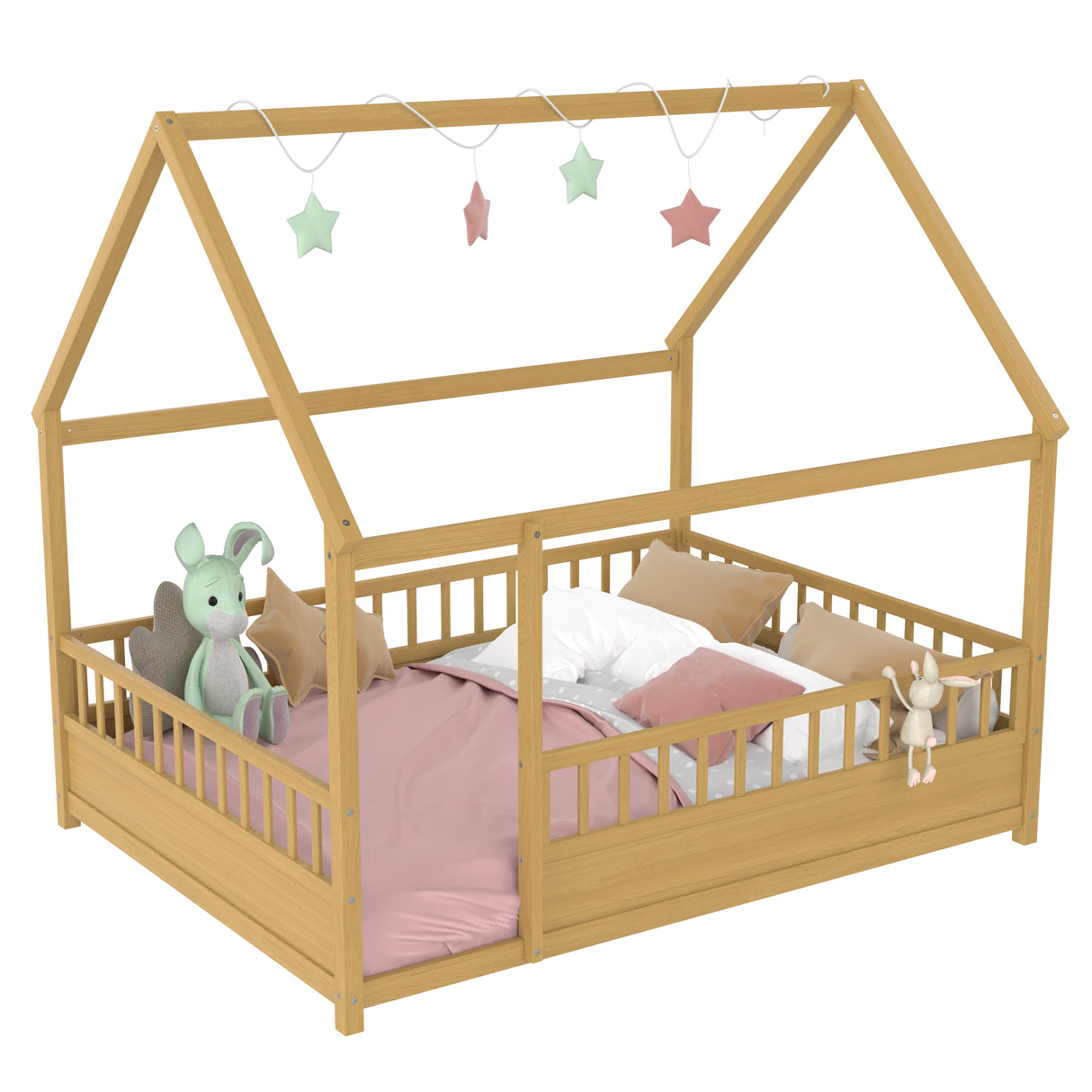 Full Size Wooden Bed with House Roof Frame