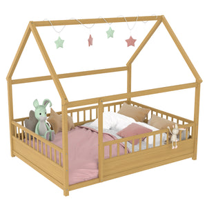 Full Size Wooden Bed with House Roof Frame
