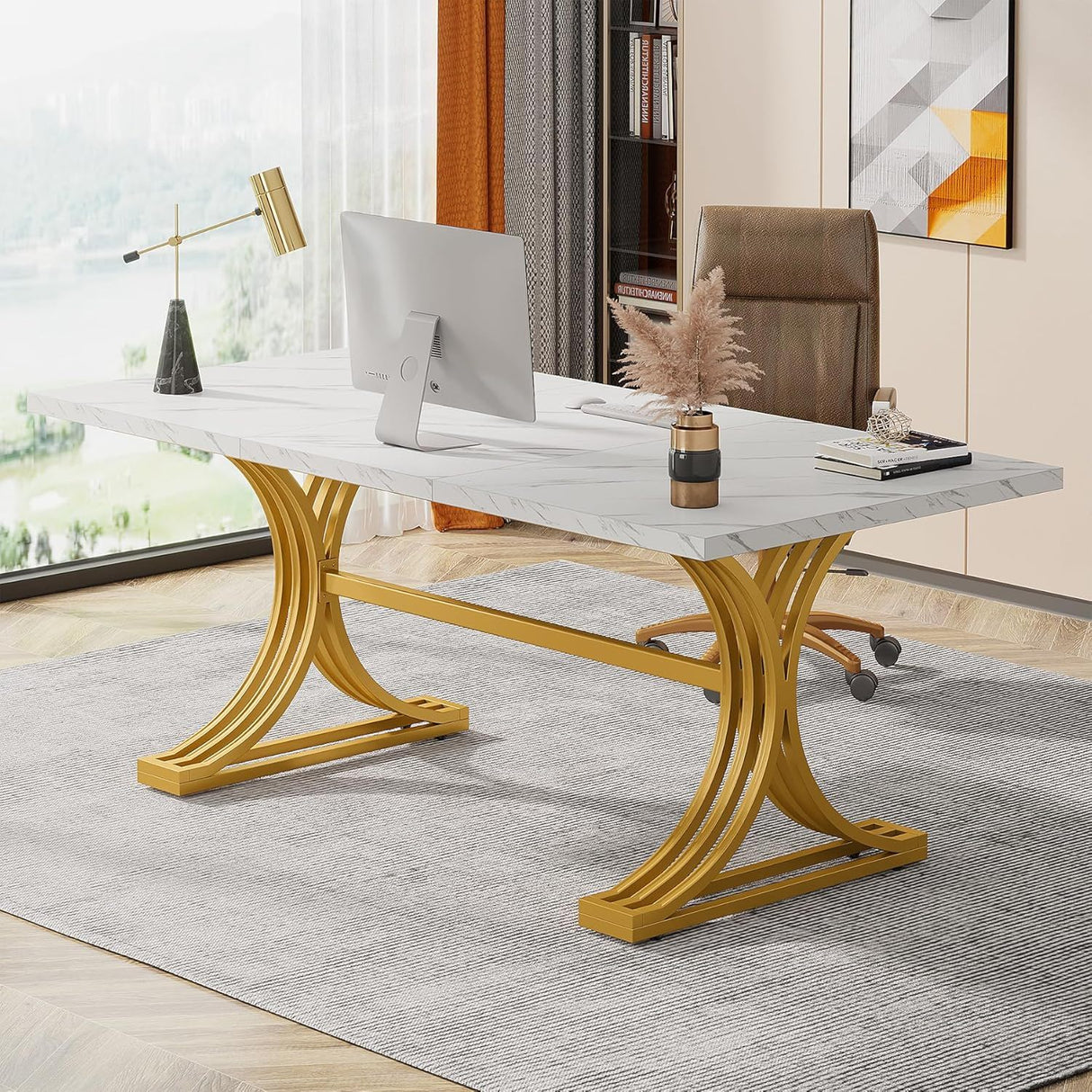 Executive Desk With X-Legs, Sturdy Office Workstation For Home Office - White / Gold