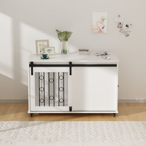 Dog Crate With Sliding Barn Door And Side Access, Lockable Wheels For Small To Medium Dogs - White
