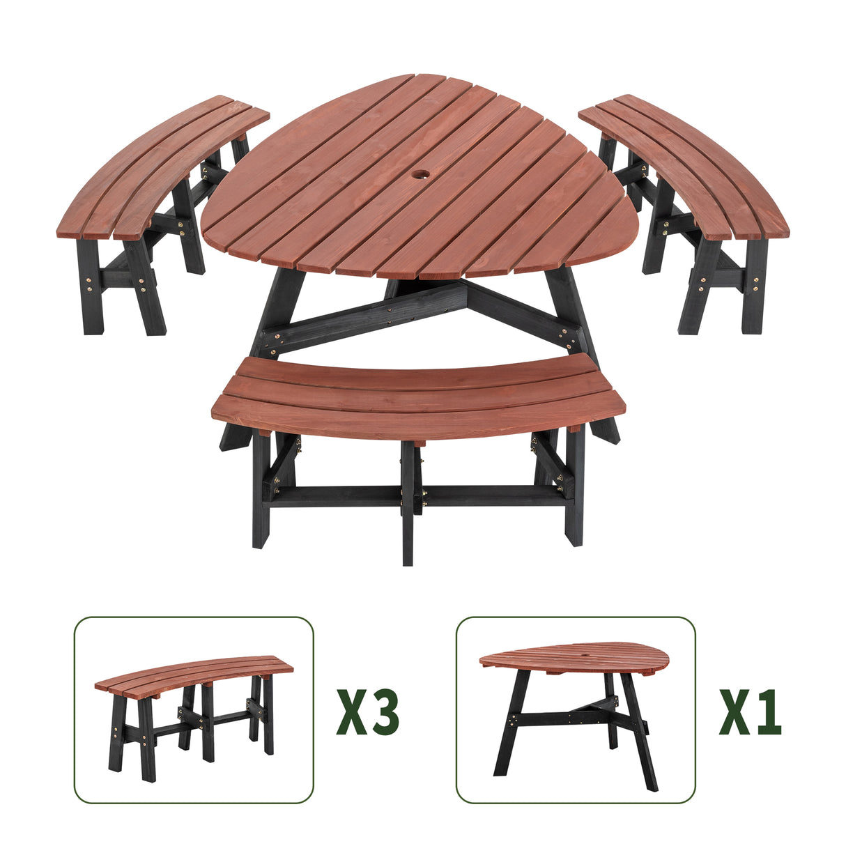 6-Person Semi-Circular Outdoor Solid Fir Wood Picnic Table Set, Rustic