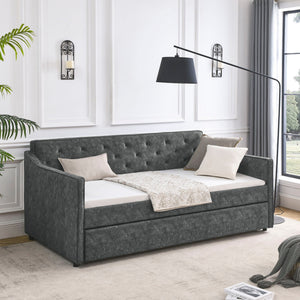 Twin Upholstered Daybed With Trundle, Waved Arms - Gray