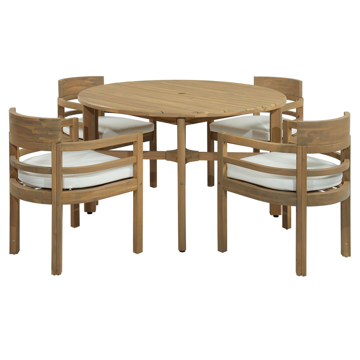 5 Piece Round Patio Table & Cushioned Armrest Chairs, Outdoor Dining Set With Umbrella Hole