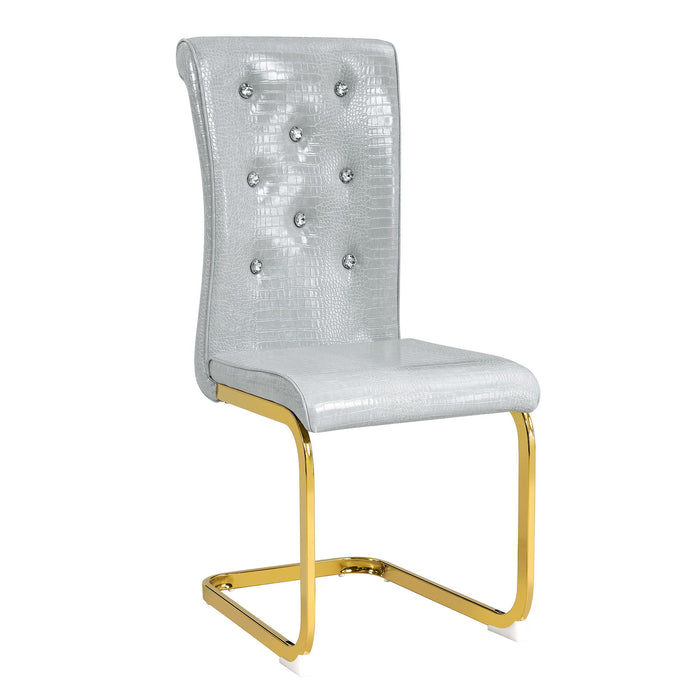 Elegant Alligator Skin Upholstered Dining Chairs with Crystal Buttons - Pearl Silver, Beige, White or Black