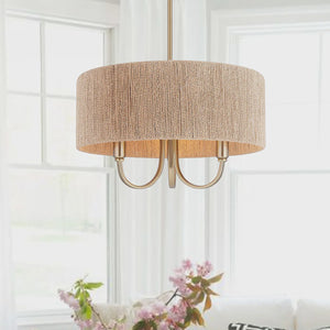 3-Light 18-Inch Farmhouse Drum Chandelier, Gold Iron and Paper Rope