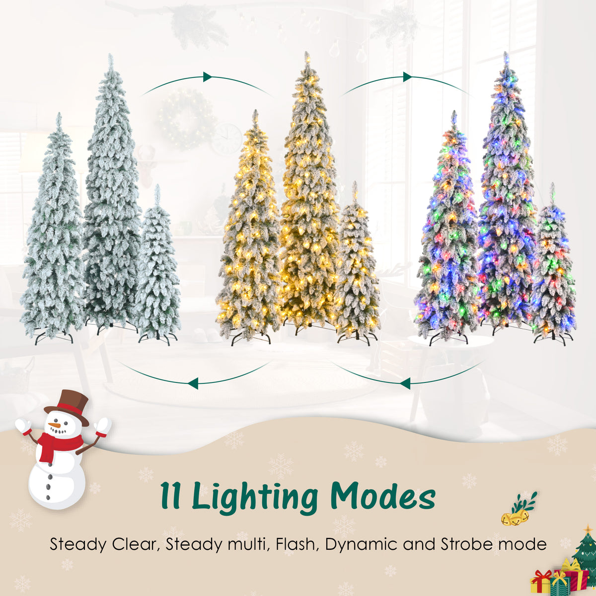 Pre-Lit Pencil Christmas Tree 3-Set, 4ft/6ft/8ft, Snow-Flocked, 290 LED Lights, White and Green