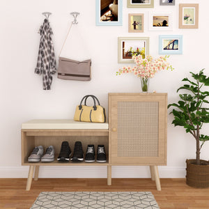 2 In 1 Shoe Storage Bench With Adjustable Shelves - Antique Natural / Rattan