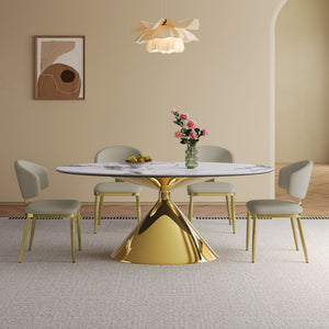 Modern Luxury Marble Dining Table Set Oval Kitchen Table With Stainless Steel Base - Gold / White Print