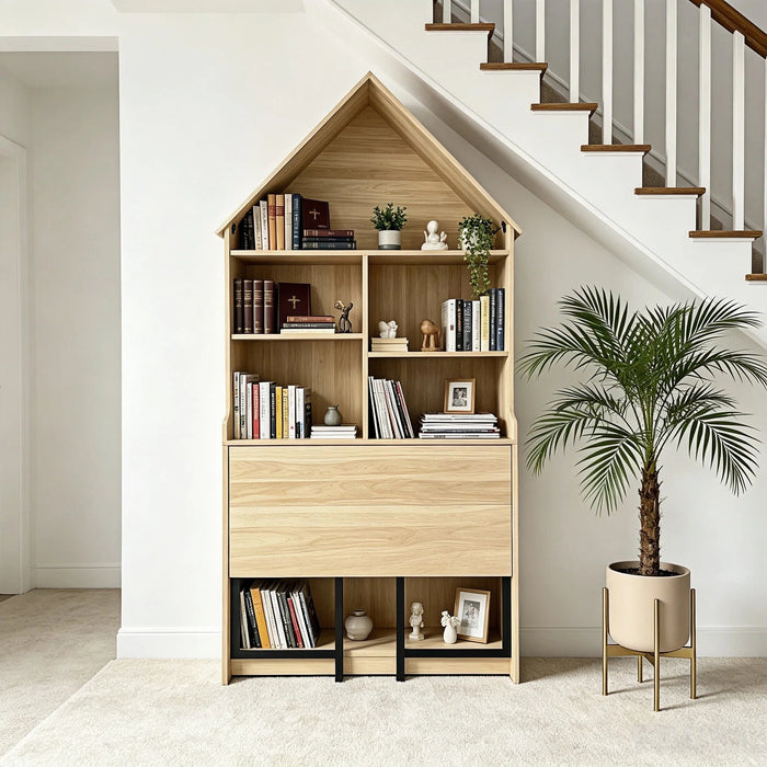 Folding Craft Desk with Storage Shelves - Natural Wood