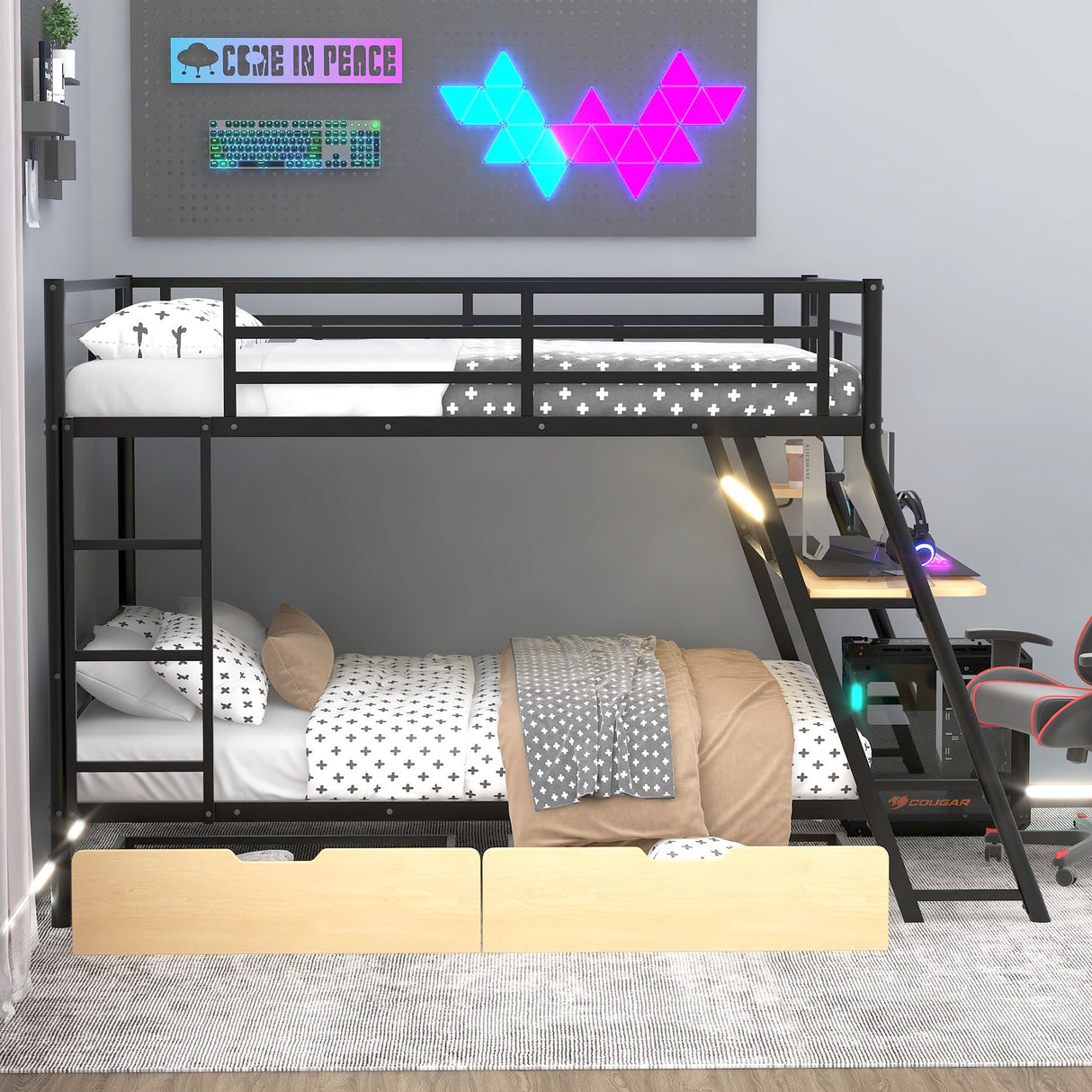 Full Size Bunk Bed With Built In Desk, Light, And 2 Drawers - Black