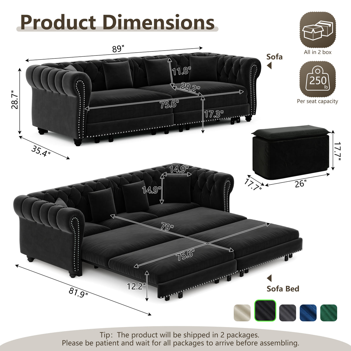 Chesterfield Sofa Bed - 3-in-1 Convertible Velvet Sofa