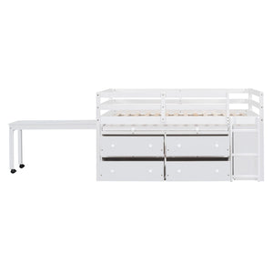 Loft Bed With Retractable Writing Desk And 4 Drawers, With Lateral Portable Desk And Shelves