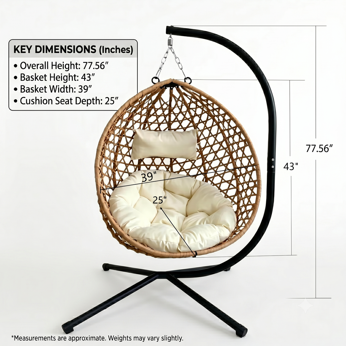 Foldable Hanging Egg Chair with Stand and Cushion