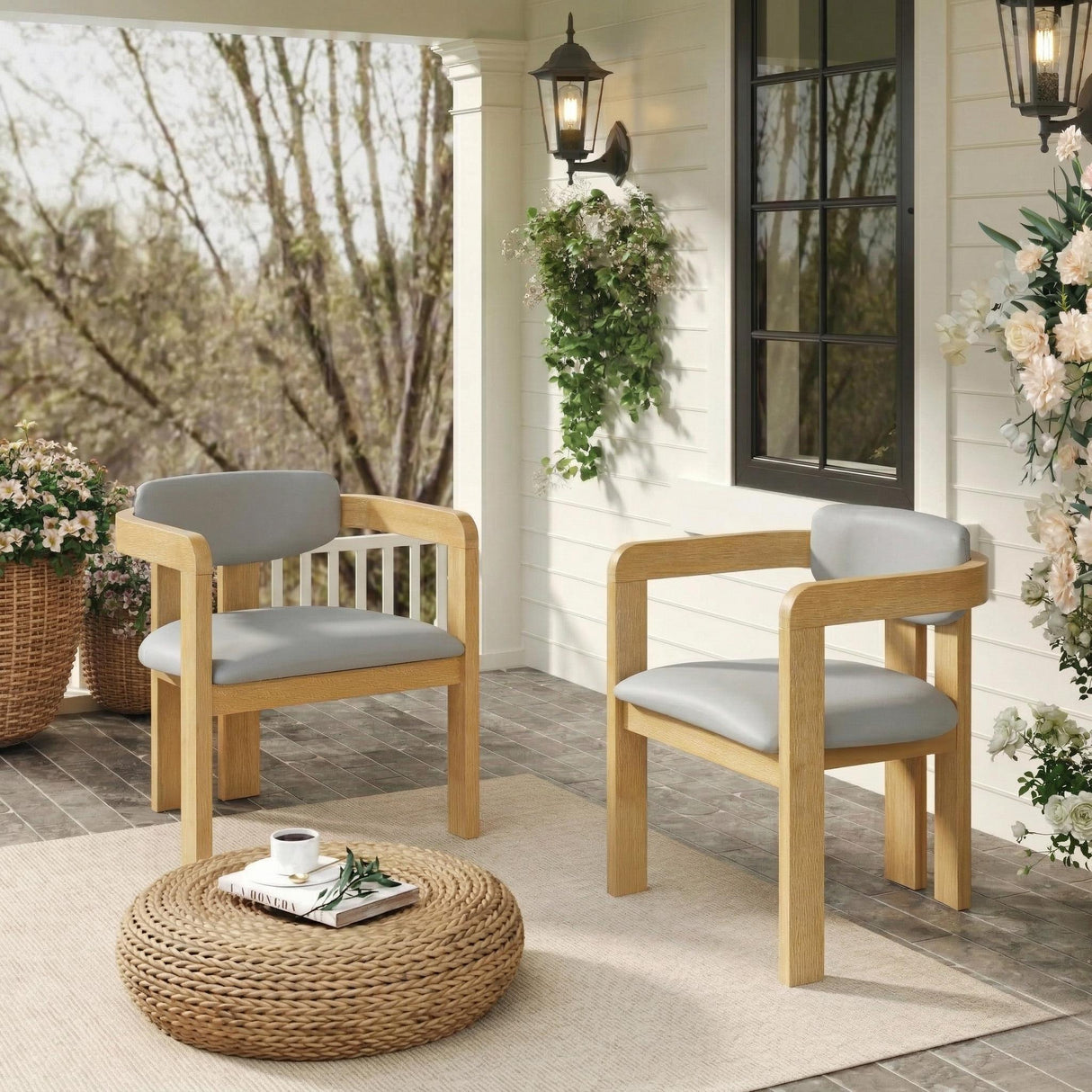 Set of 2 Outdoor Acacia Wood Dining Chairs with Cushions